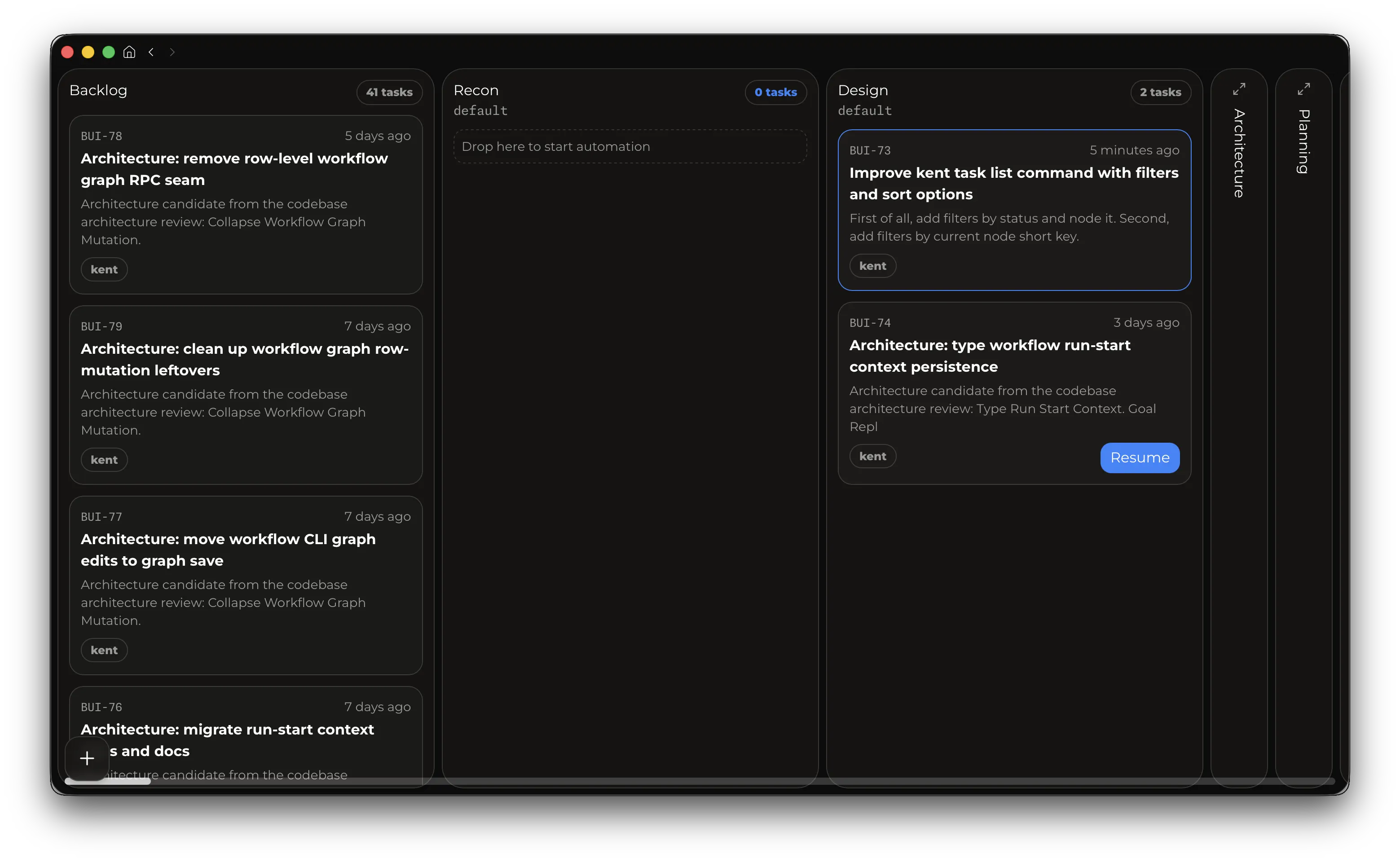 Kent Desktop showing a project kanban board with tasks grouped by workflow stage