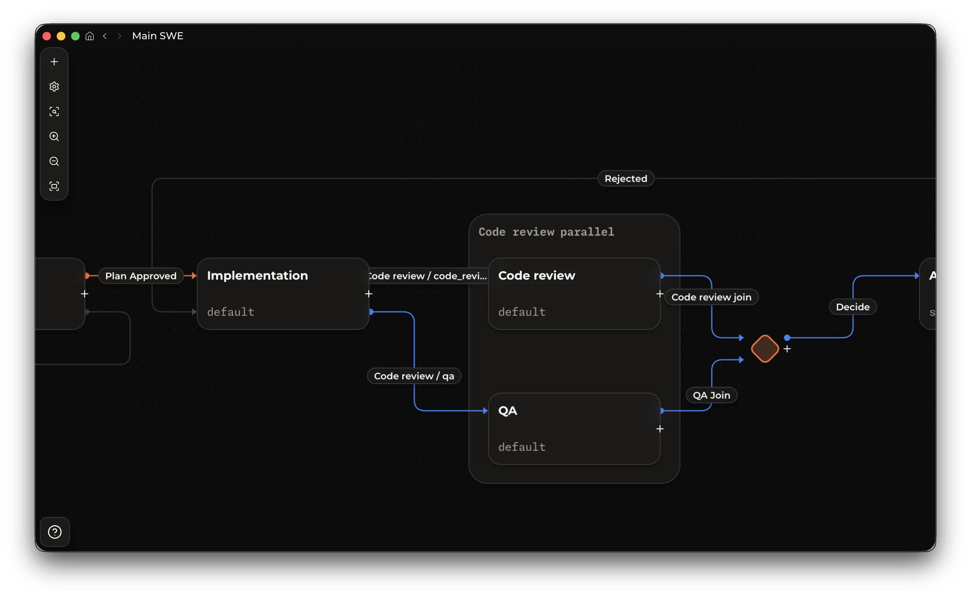 Kent Desktop workflow editor showing a workflow graph and transition inspector.